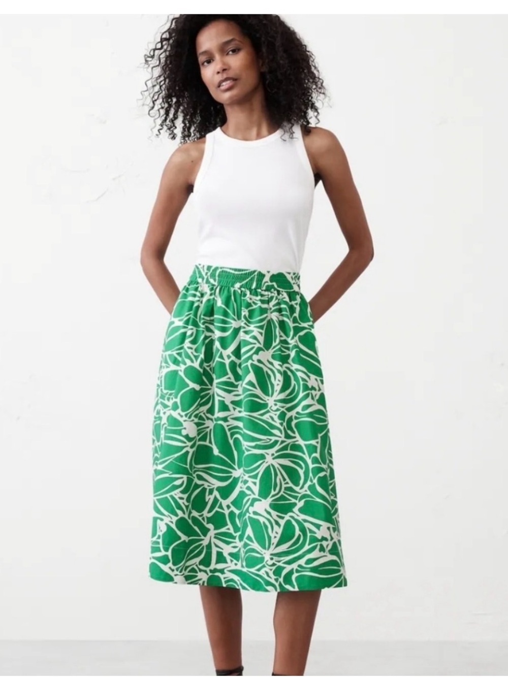 Banana Republic Green & White Floral Midi Skirt Medium NWT